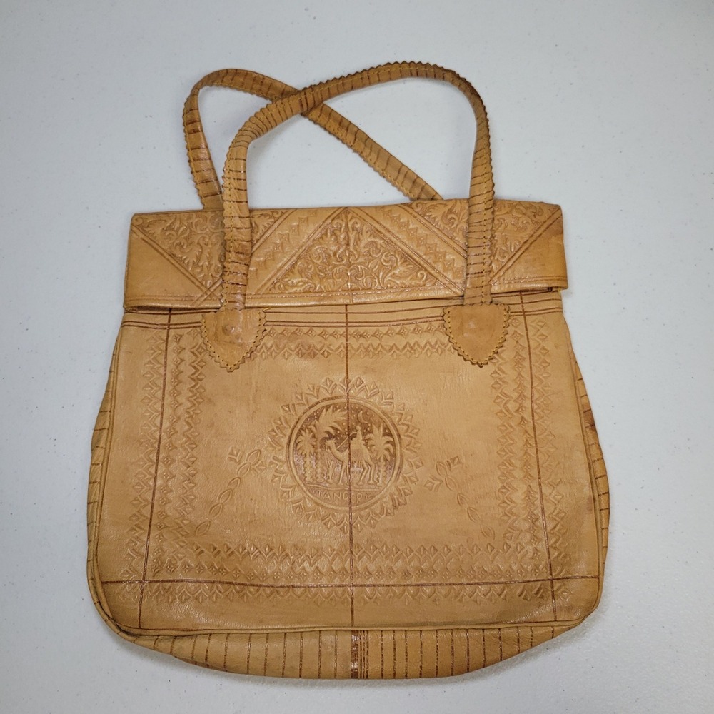 Vintage Tanger Tooled Leather Camel Handbag Tan‎ Moroccan Boho Tote Bag
